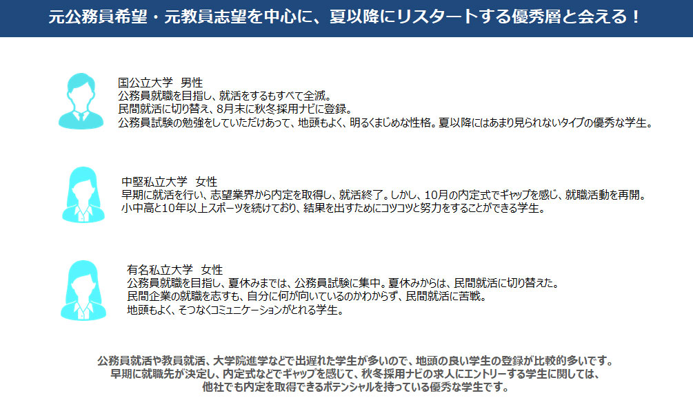 元公務員希望・元教員志望を中心に、夏以降にリスタートする優秀層と会える！